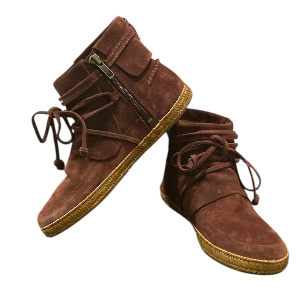 UGG Reid Ankle Boots Camel
Leather Suede Zip Lace Up Lining Sz 6